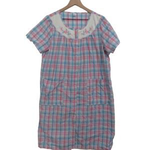 Victoria's Secret PINK Womens Sz S Pink Blue Plaid Embroidered Nightgown